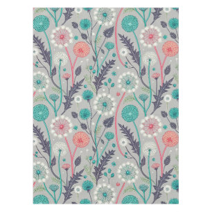 Teal & Crimson Dandelion Dream – Stylized Floral Tablecloth