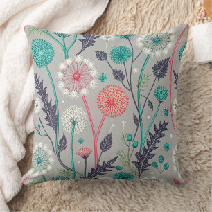 Teal & Crimson Dandelion Dream – Stylized Floral Throw Pillow