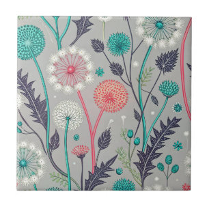 Teal & Crimson Dandelion Dream – Stylized Floral Tile