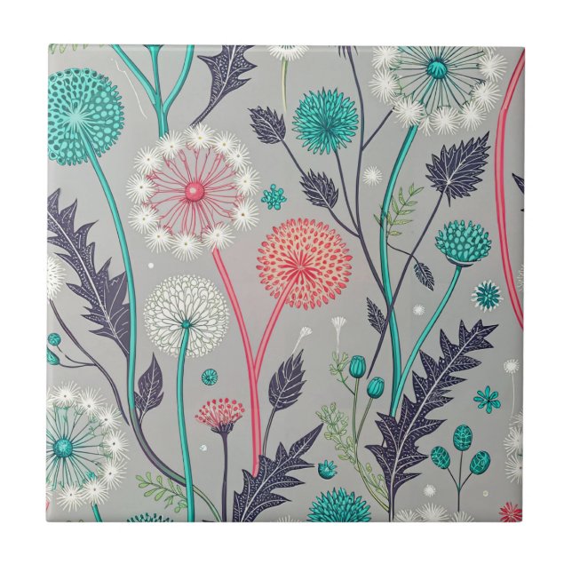 Teal & Crimson Dandelion Dream – Stylized Floral Tile (Front)