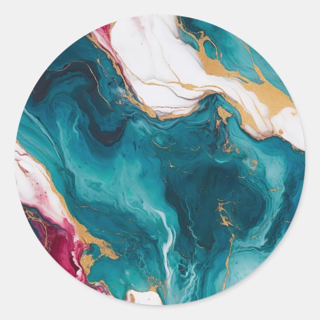 Teal & Crimson Marble Elegance Classic Round Sticker (Front)