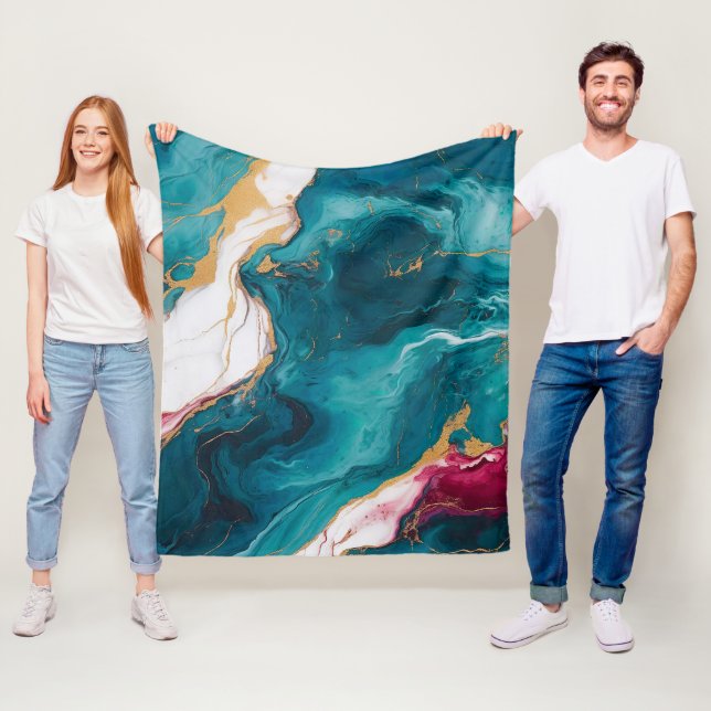 Teal & Crimson Marble Elegance Fleece Blanket (In Situ)