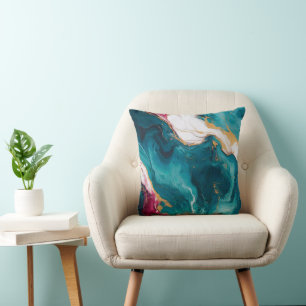 Teal & Crimson Marble Elegance Throw Pillow