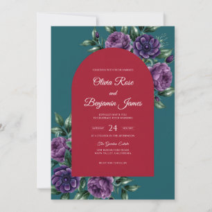 Teal Crimson Purple Dahlia Wedding Invitation