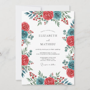 Teal Crimson Spirited Botanical Wedding Invitation