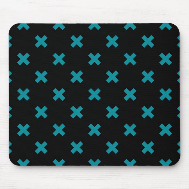 Teal cross stitches on black mouse pad (Front)
