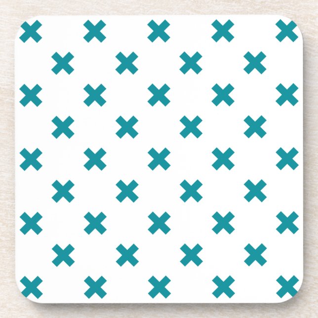 Teal cross stitches on white coaster (Front)