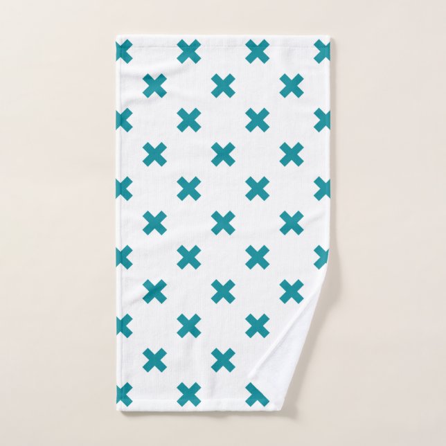Teal cross stitches on white hand towel (Hand Towel)