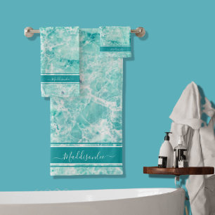 Teal Crystal Monogram Name Marble Agate Custom Bath Towel Set