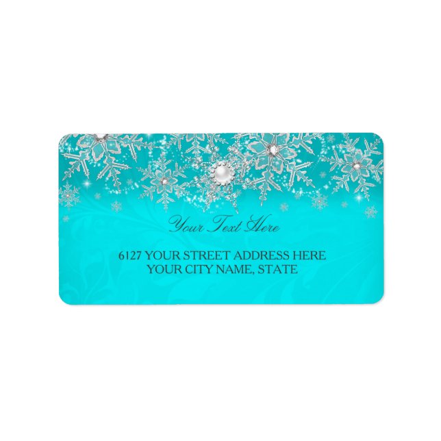 Teal Crystal Pearl Snowflake Silver Address Label (Front)