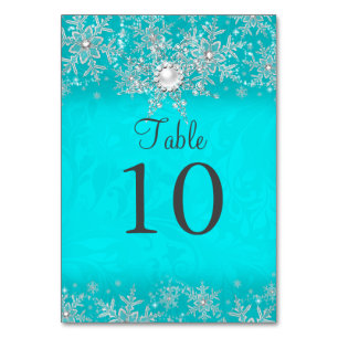 Teal Crystal Pearl Snowflake Table Number Card