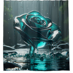 “Teal Crystal Rose with Falling Raindrops"
