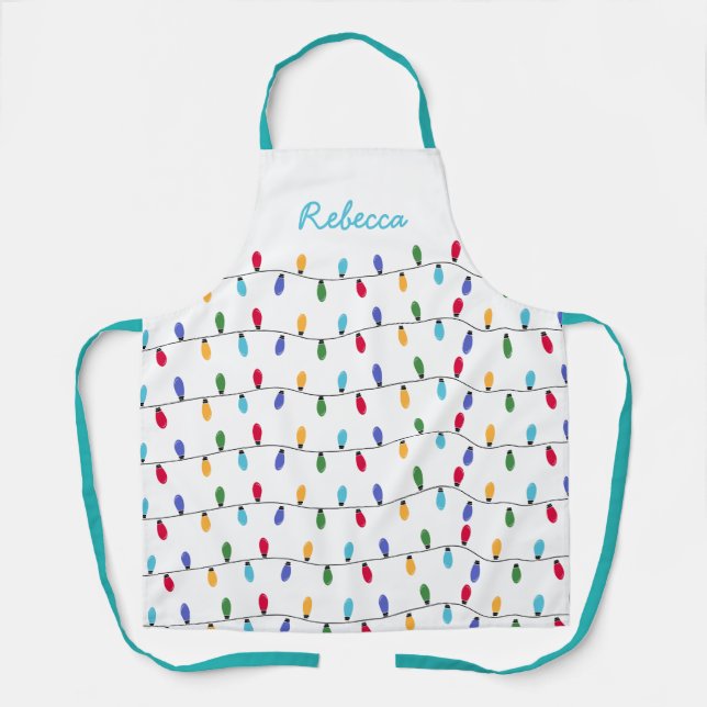 Teal Custom Christmas Colourful lights Pattern Apron (Front)