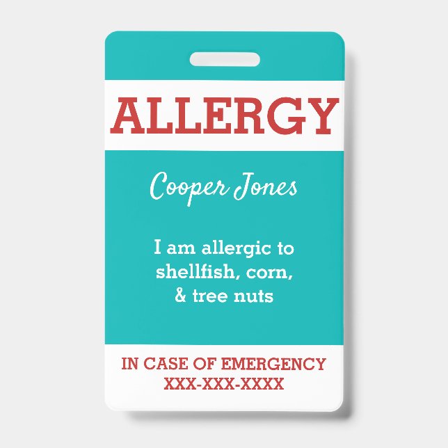 Teal Custom Kids Food Allergy Alert Personalized Badge (Front)
