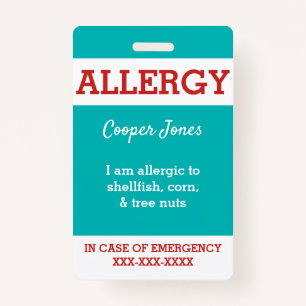 Teal Custom Kids Food Allergy Alert Personalized Badge