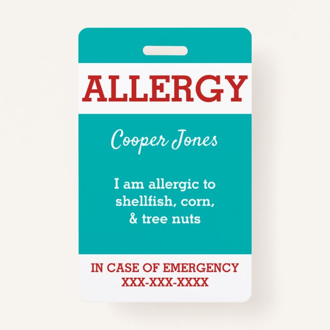 Teal Custom Kids Food Allergy Alert Personalized Badge (Front)