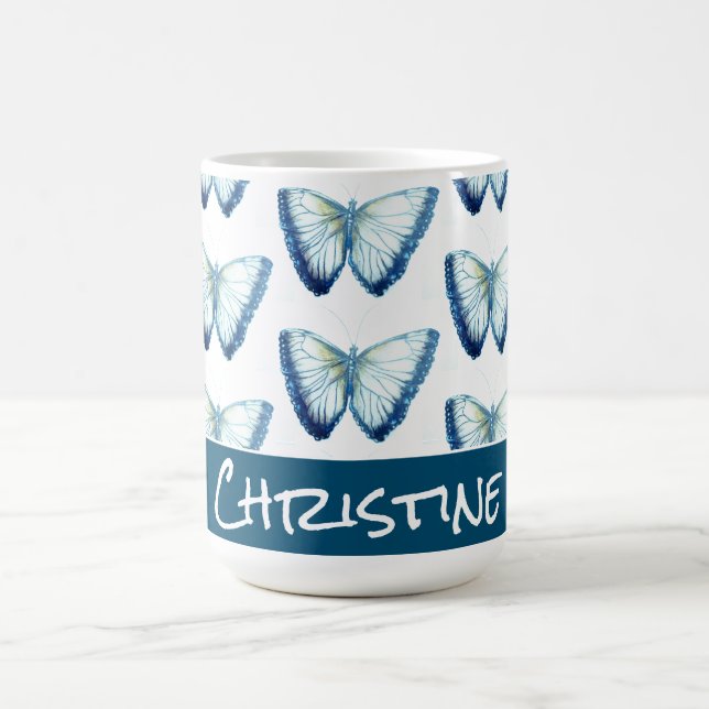 Teal Custom Name Cute Beautiful Butterfly Coffee Mug (Center)