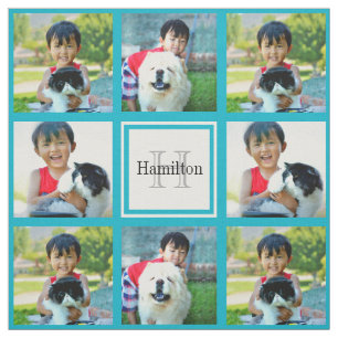 Teal Custom Personalized Photo Collage Monogram Fabric
