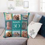 Teal custom photo collage birthday throw pillow<br><div class="desc">A unique gift for a 21st birthday,  celebrating her life with a collage of 8 of your own photos,  pictures.  Personalize and add her name,  age and date. A teal background colour,  white text.   The name is written with a modern hand lettered style script.</div>