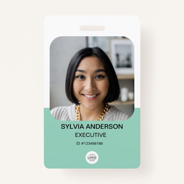 Teal Custom Photo Employee ID Logo QR Code Badge (Front)