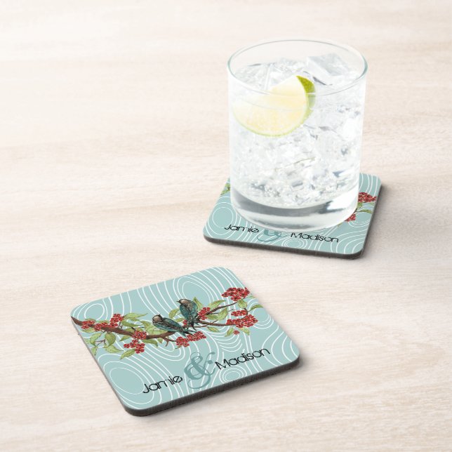 Teal Cute Birds Sitting in Tree Red Cherry Blossom Coaster (Right Side)