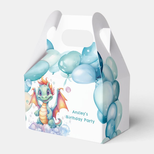 Teal Cute Dragon with Balloons Birthday Party Favor Box (Front Side)