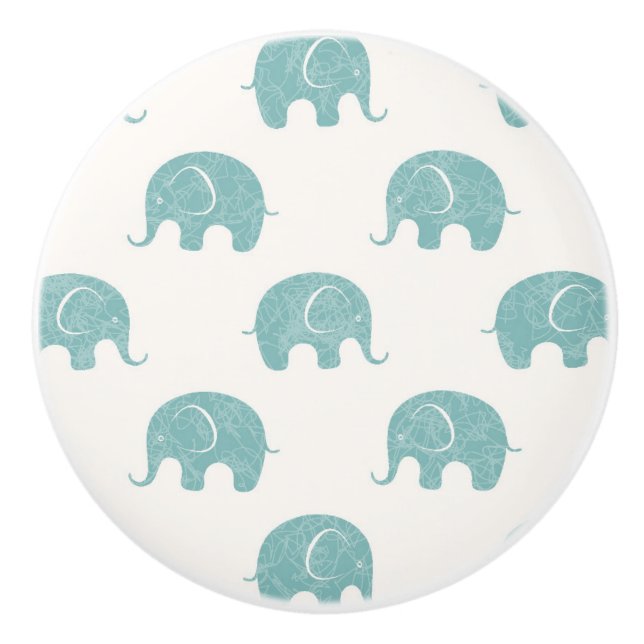 Teal Cute Elephant Pattern Ceramic Knob (Front)