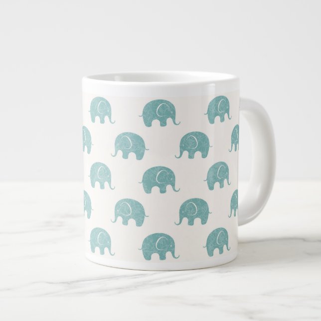 Teal Cute Elephant Pattern Large Coffee Mug (Front Right)