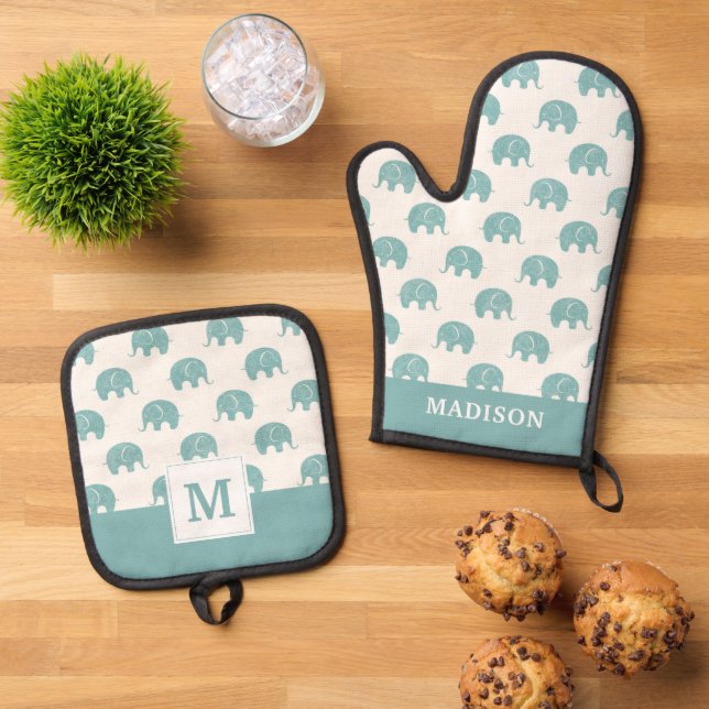Teal Cute Elephant Pattern Oven Mitt & Pot Holder Set (Top Down)
