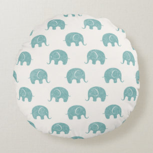 Teal Cute Elephant Pattern Round Pillow
