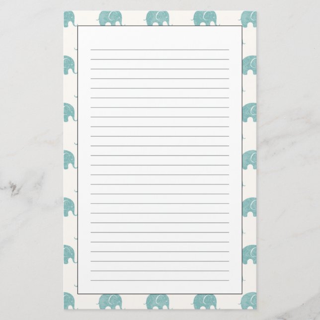 Teal Cute Elephant Pattern Stationery (Front)