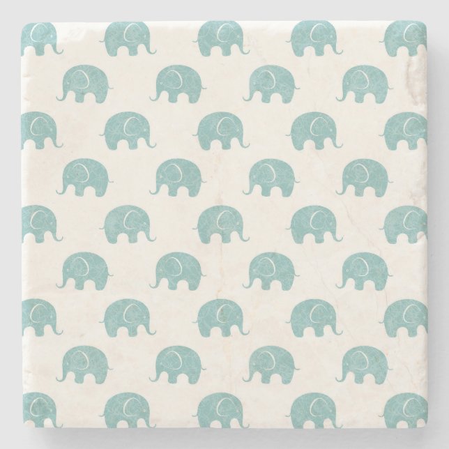 Teal Cute Elephant Pattern Stone Coaster (Front)