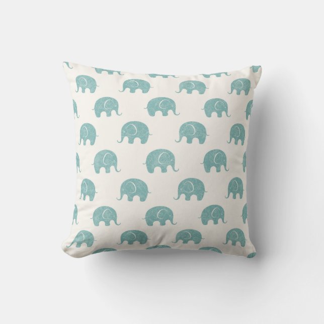 Teal Cute Elephant Pattern Throw Pillow (Front)