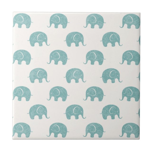 Teal Cute Elephant Pattern Tile (Front)