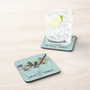 Teal Cute Love Birds Sitting in Tree Coaster