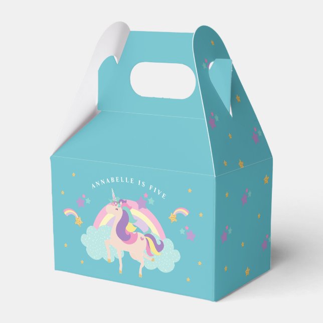 Teal | Cute Rainbow Unicorn Personalized Favor Box (Front Side)