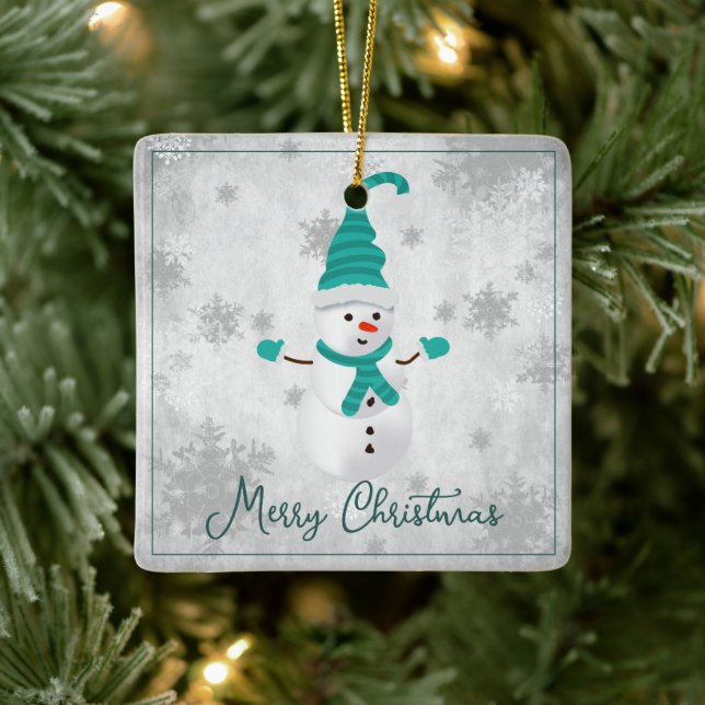 Teal Cute Snowman Holiday Ceramic Ornament (Tree)
