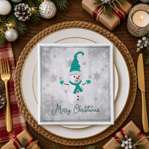 Teal Cute Snowman Holiday Paper Napkin