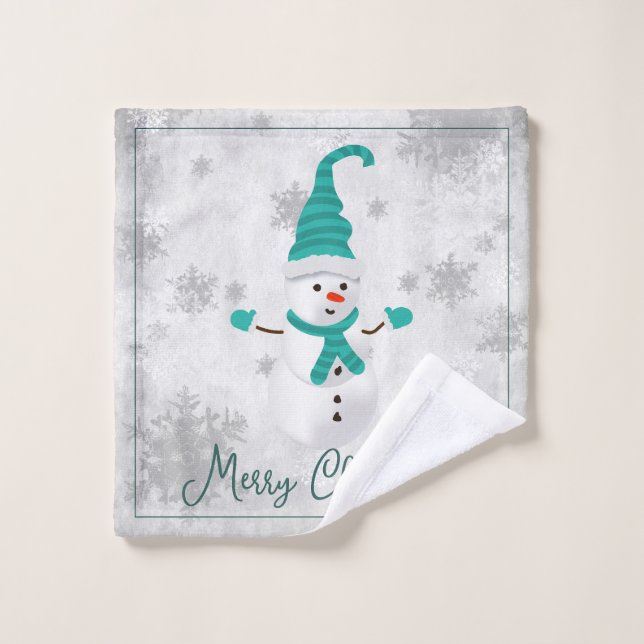Teal Cute Snowman Holiday Towel Set (Wash Cloth)