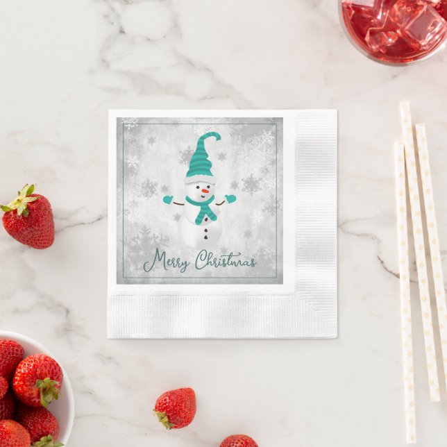 Teal Cute Snowman Paper Napkin (Insitu)