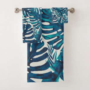 Teal Cyan Green Tropical Palm Leaves Summer Island Bath Towel Set