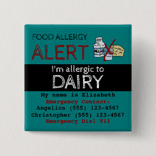 Teal Dairy Food Allergy Alert Label 2 Inch Square Button