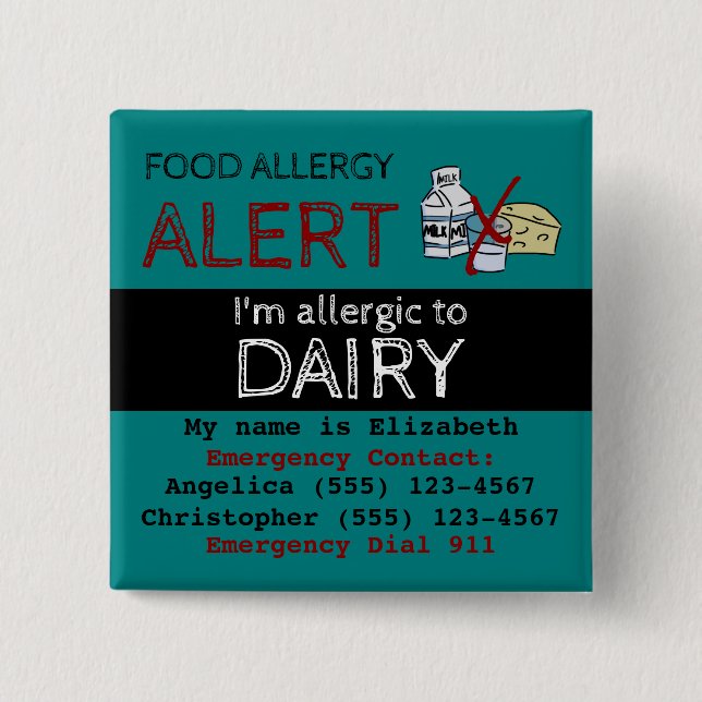 Teal Dairy Food Allergy Alert Label 2 Inch Square Button (Front)