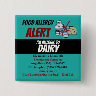 Teal Dairy Food Allergy Alert Warning 2 Inch Square Button