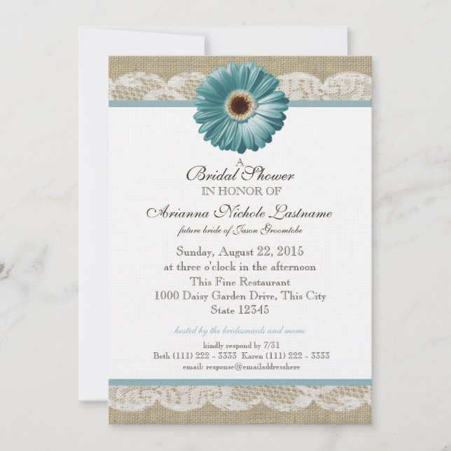 Teal Daisy and White Lace Bridal Shower Invitation (Front)
