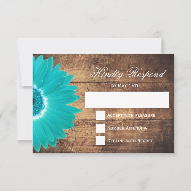 Teal Daisy Rustic Wood Wedding RSVP Cards (Front)