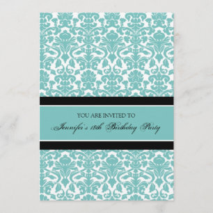 Teal Damask 18th Birthday Party Invitations