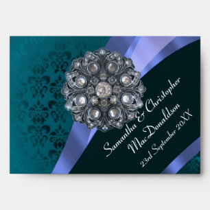 Teal damask and crystal rhinestone envelopes