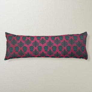 Teal Damask And Skulls On Textured Hot Pink Body Pillow
