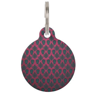 Teal Damask And Skulls On Textured Hot Pink Pet Tag